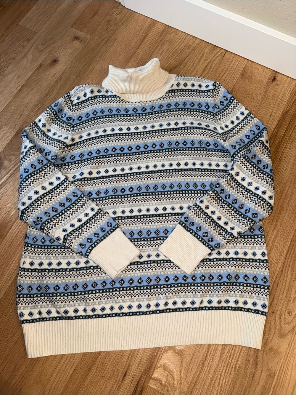 L.L. Bean Cotton Cashmere Fair Isle Sweater Turtleneck Ivory Blue Plus Size 3X